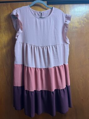 SHEIN Colorblock Ruffle Sleeve Dress - Pink & Mauve